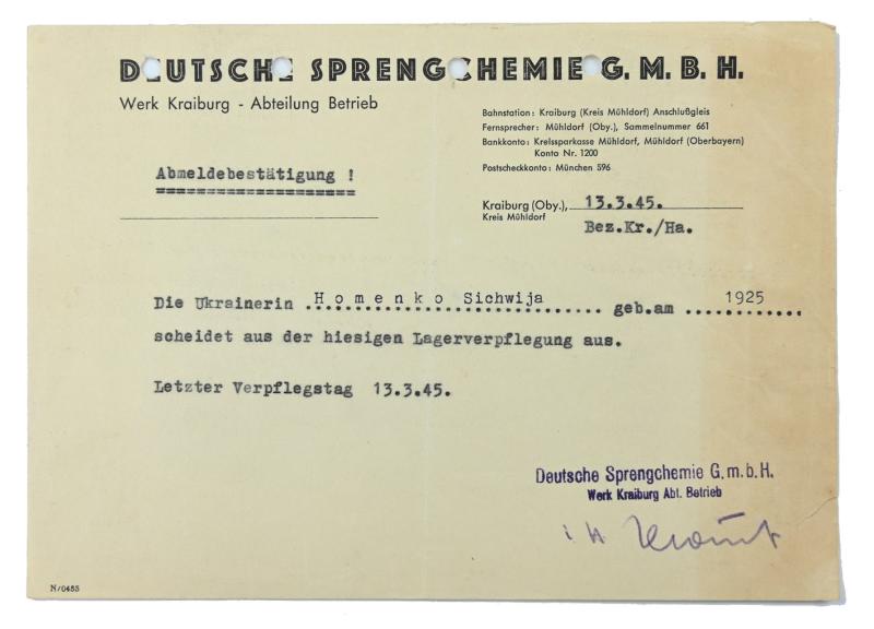 German Slave Labor Form 'Deutsche Sprengchemie'