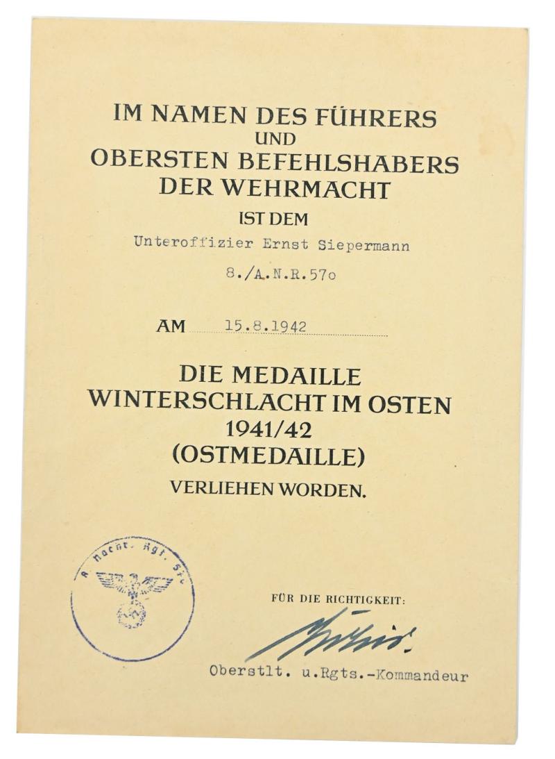German WH Eastern Front Medal Certificate ANR 570