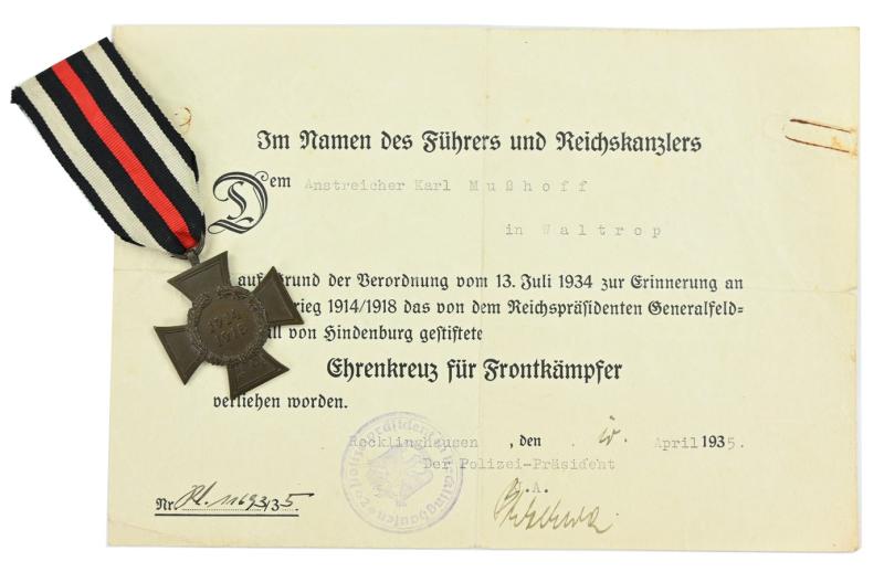 German Hindenburg Cross with Certificate