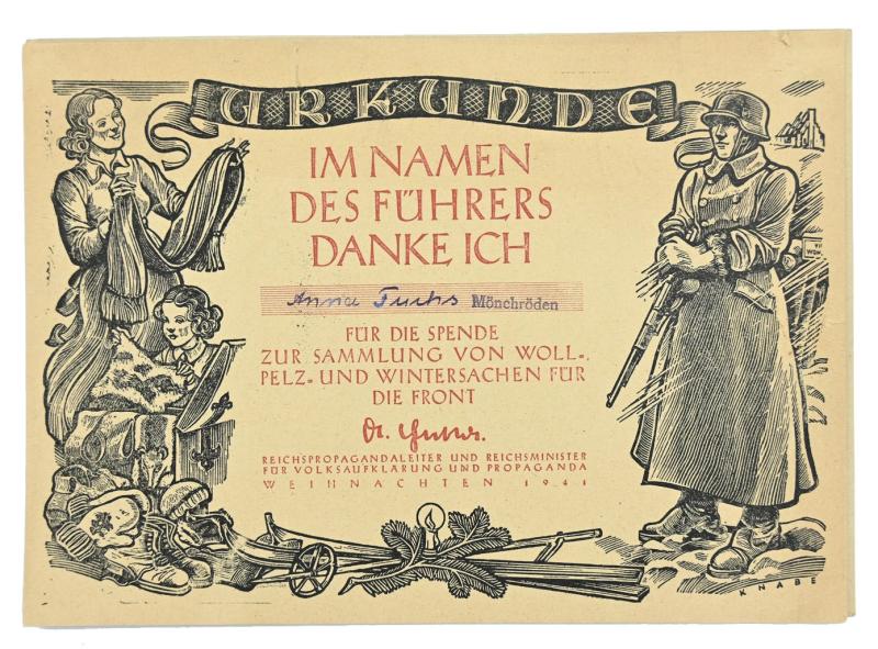 German Third Reich Front Collection Certificate