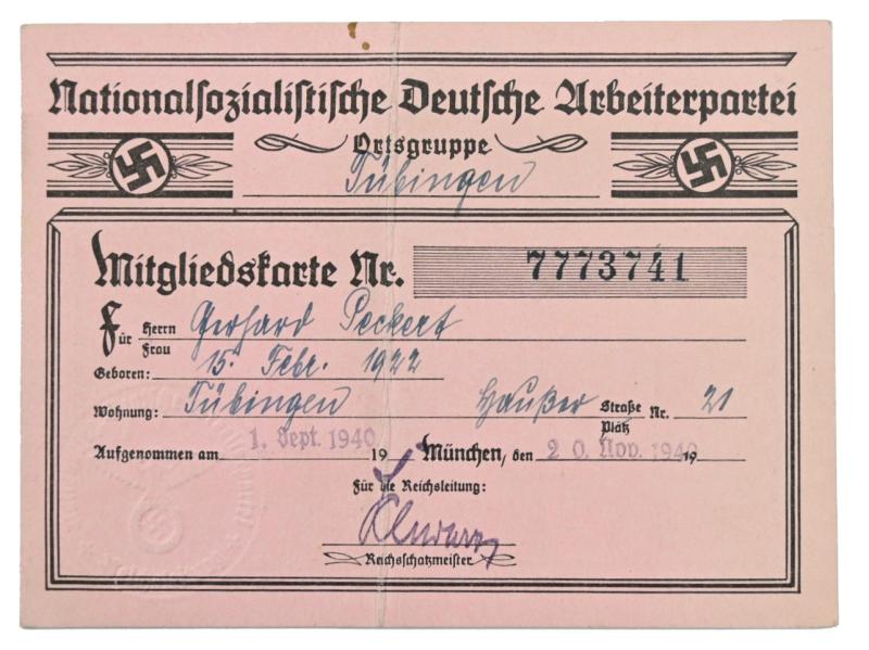 German NSDAP Party Member Card