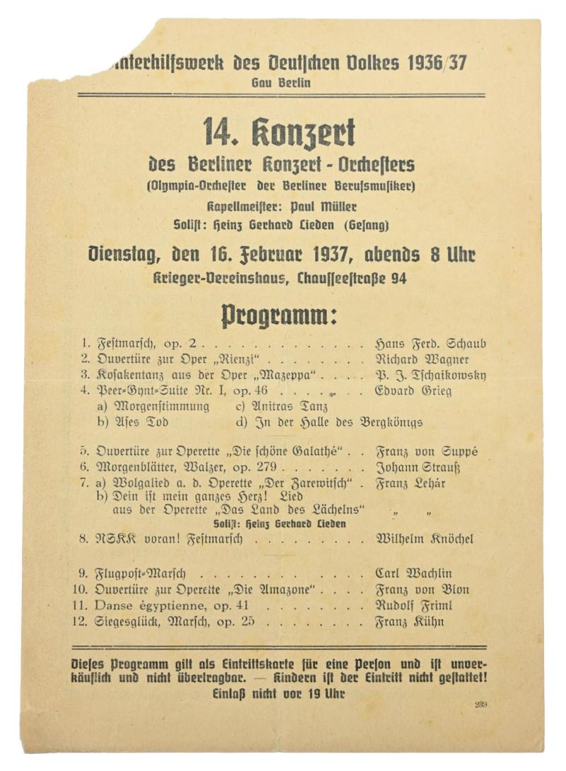 German WHW Entrance Ticket WHW Concert 1936/37