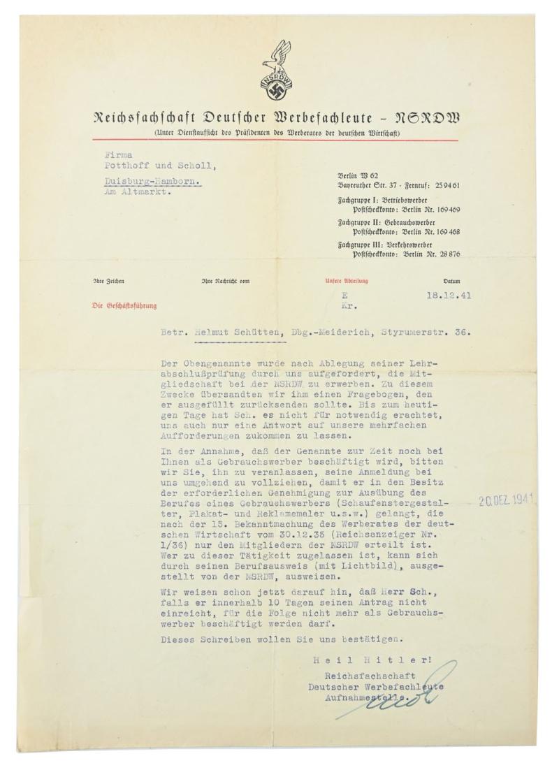 German Third Reich NSRDW Member Note