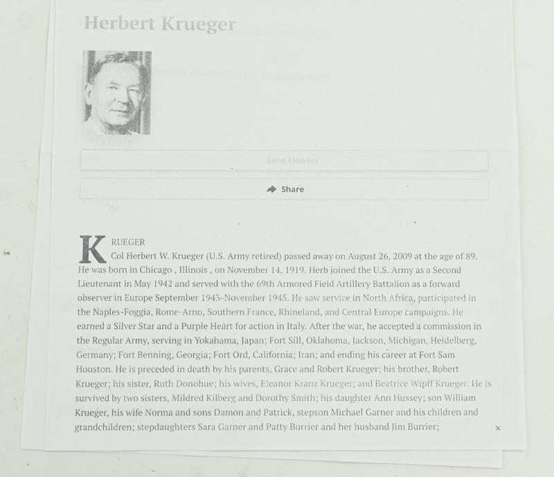 US WW2 Award grouping 'Lt. Herbert W.Krueger' 69th Armored Field Artillery Battalion