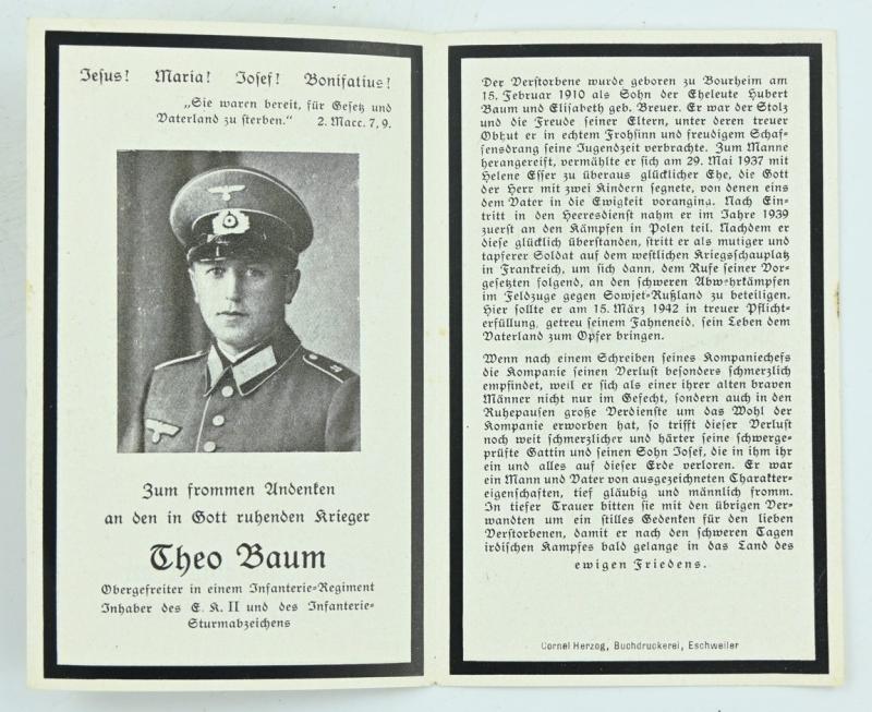 German WH Wehrpass, Deathcard and Iron Cross 'Theo Baum'