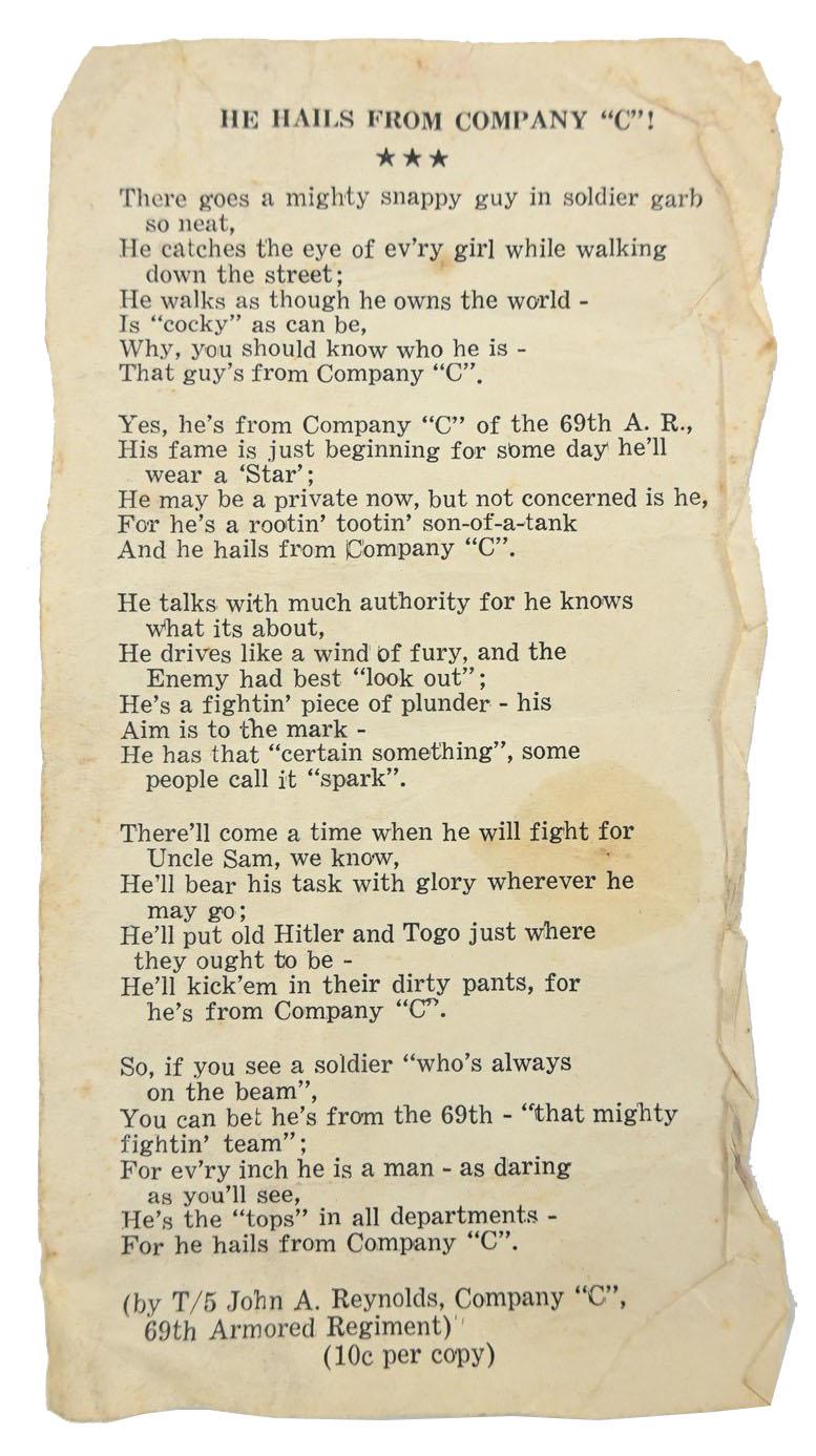 US WW2 69th Armored Regiment Song Leaflet