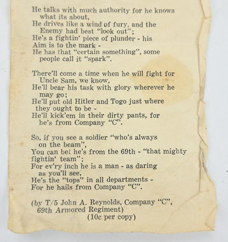US WW2 69th Armored Regiment Song Leaflet