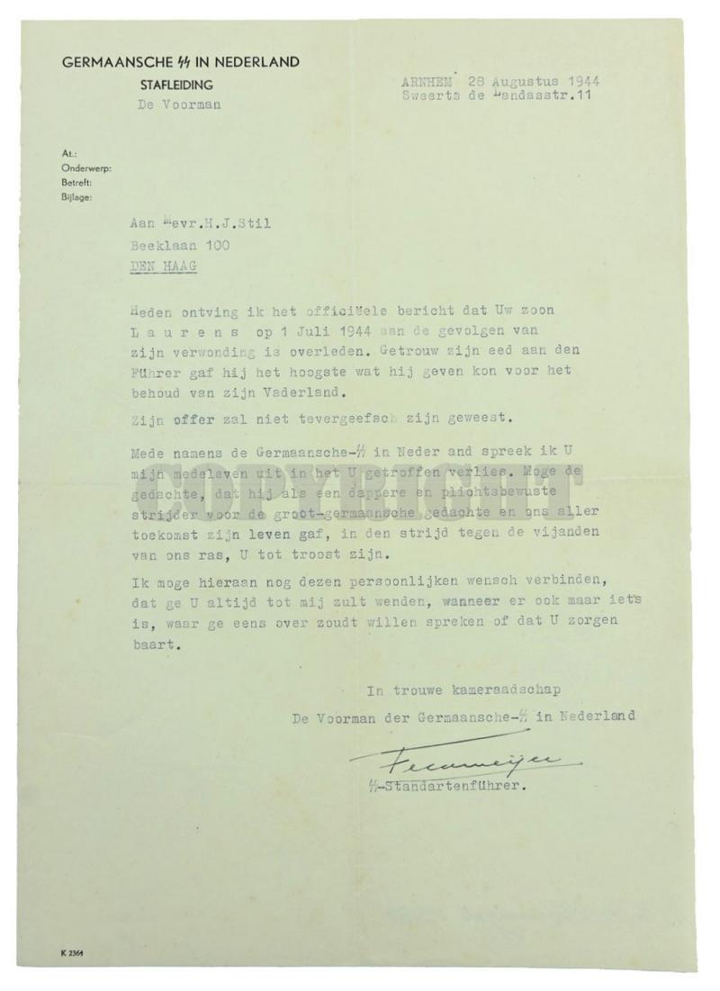 Dutch Waffen-SS KIA Letter 'Laurens Still' with extra