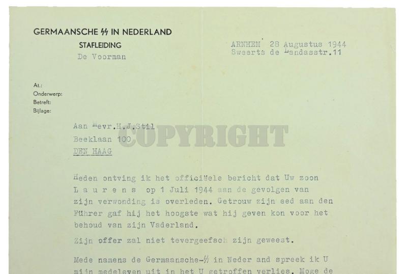 Dutch Waffen-SS KIA Letter 'Laurens Still' with extra