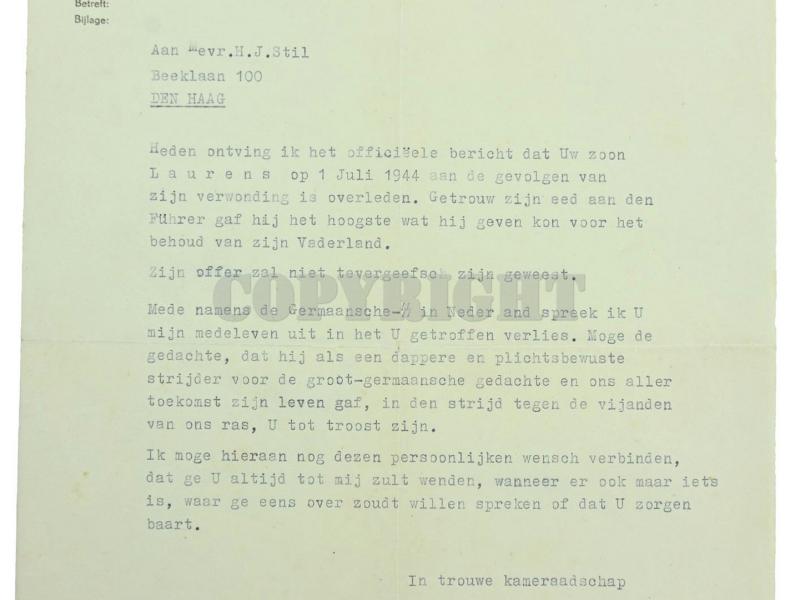 Dutch Waffen-SS KIA Letter 'Laurens Still' with extra