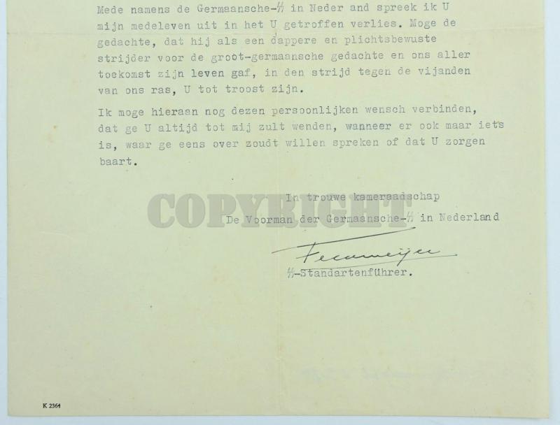 Dutch Waffen-SS KIA Letter 'Laurens Still' with extra