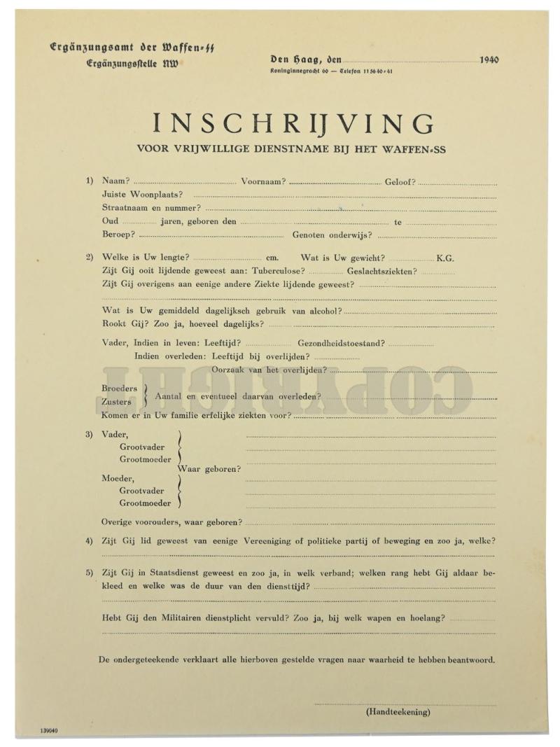 Dutch Waffen-SS Enlistment Form 1940