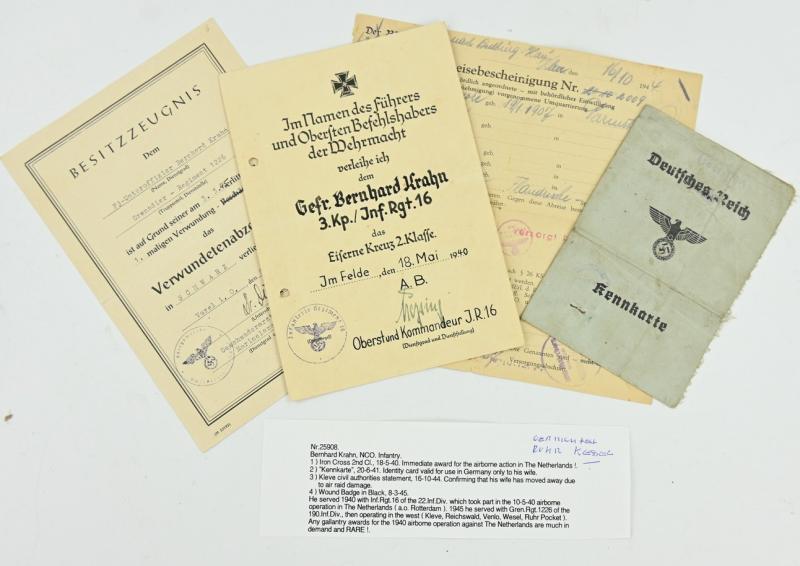 German WH Fallschirmjager Document Grouping 'Bernard Krahn' Inf.Rgt. 16 Holland