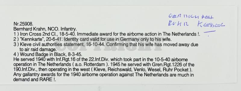 German WH Fallschirmjager Document Grouping 'Bernard Krahn' Inf.Rgt. 16 Holland
