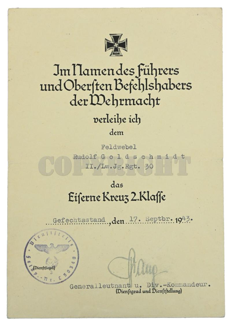 German LW Fielddivision Certificate Iron Cross 2nd Class 'Rudolf Goldschmidt'