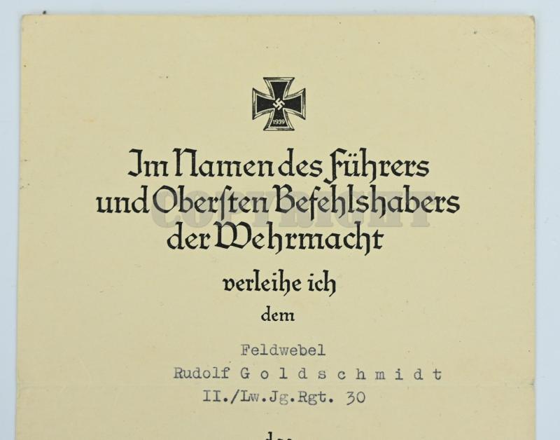 German LW Fielddivision Certificate Iron Cross 2nd Class 'Rudolf Goldschmidt'