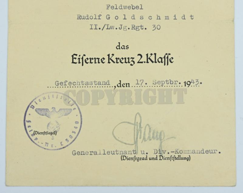 German LW Fielddivision Certificate Iron Cross 2nd Class 'Rudolf Goldschmidt'
