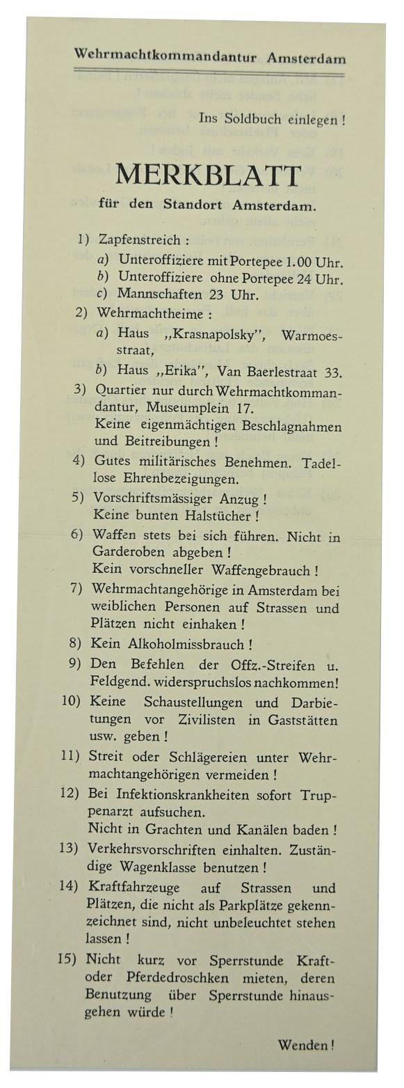 German Occupation Leaflet 'Wehrmachtkommandatur Amsterdam'