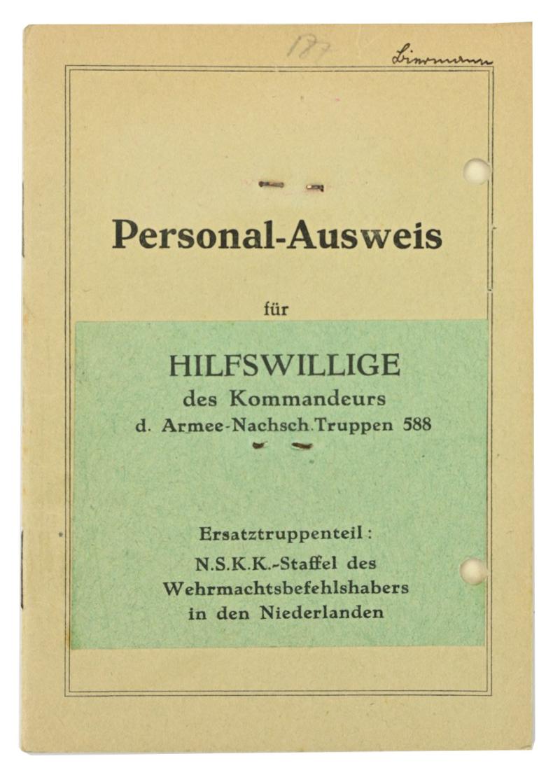 Dutch NSKK Memberpass Armee-Nachschubtruppen 588