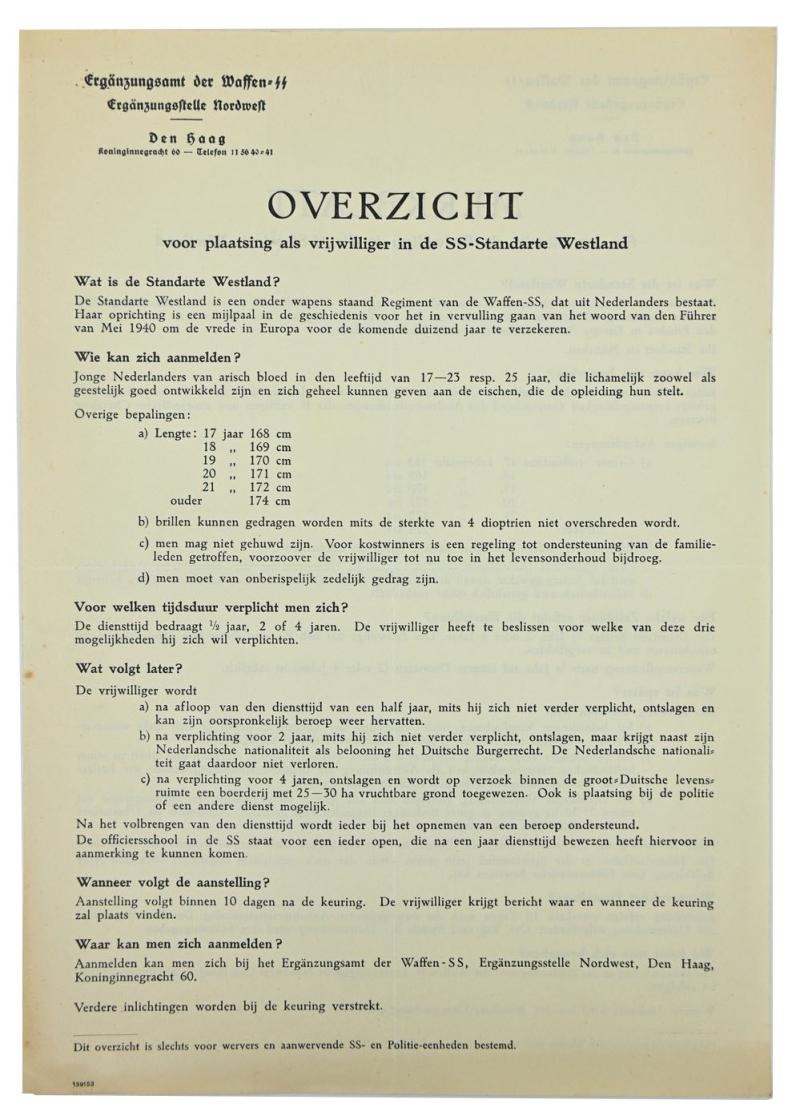 Dutch Waffen-SS Recruitment Form ''Westland'