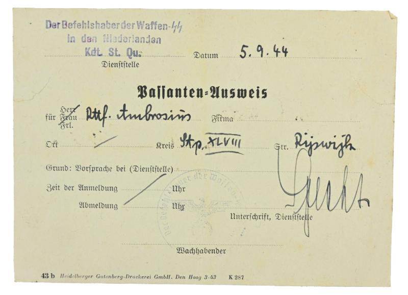 Dutch Waffen-SS Headquarters Visitors ID Card