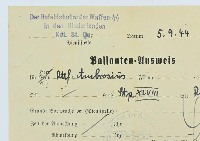 Dutch Waffen-SS Headquarters Visitors ID Card