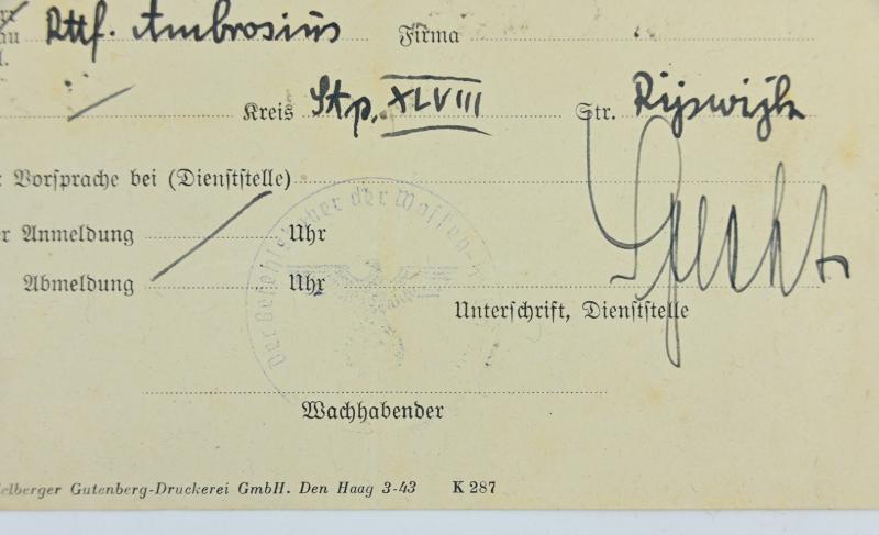 Dutch Waffen-SS Headquarters Visitors ID Card