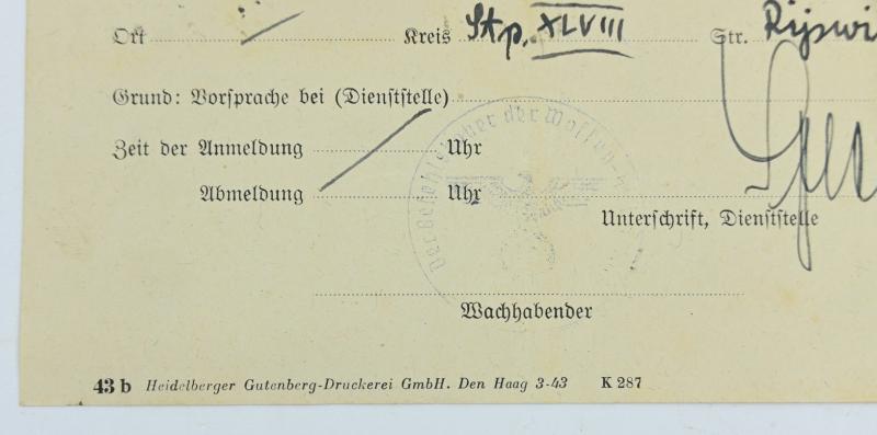 Dutch Waffen-SS Headquarters Visitors ID Card