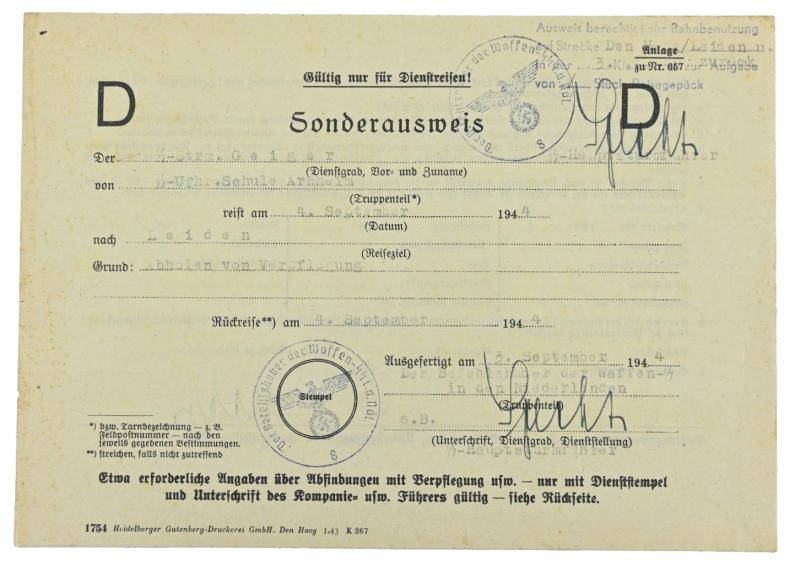 Dutch Waffen-SS Headquarters Special Travelcard