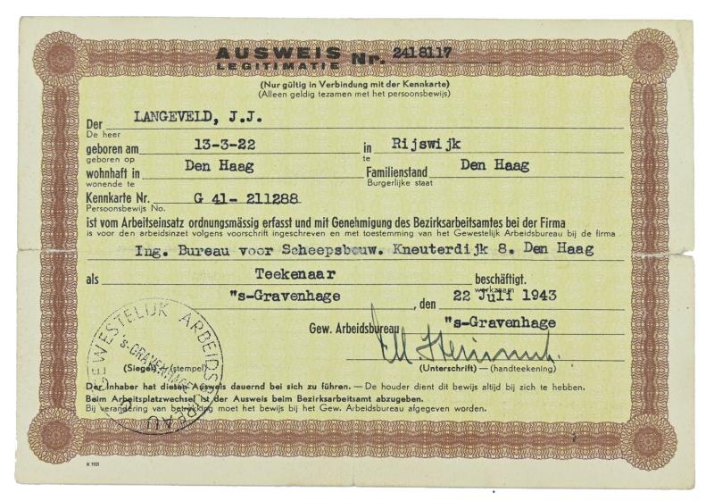 Dutch WW2 Ausweis  / ID Card Worker Exception