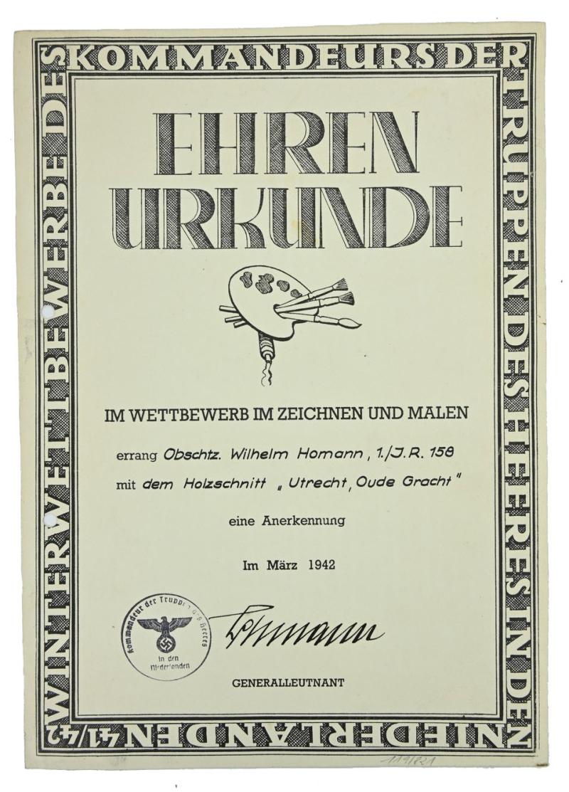 Dutch Honor Award Certificate of Oberschütze Wilhelm Homann