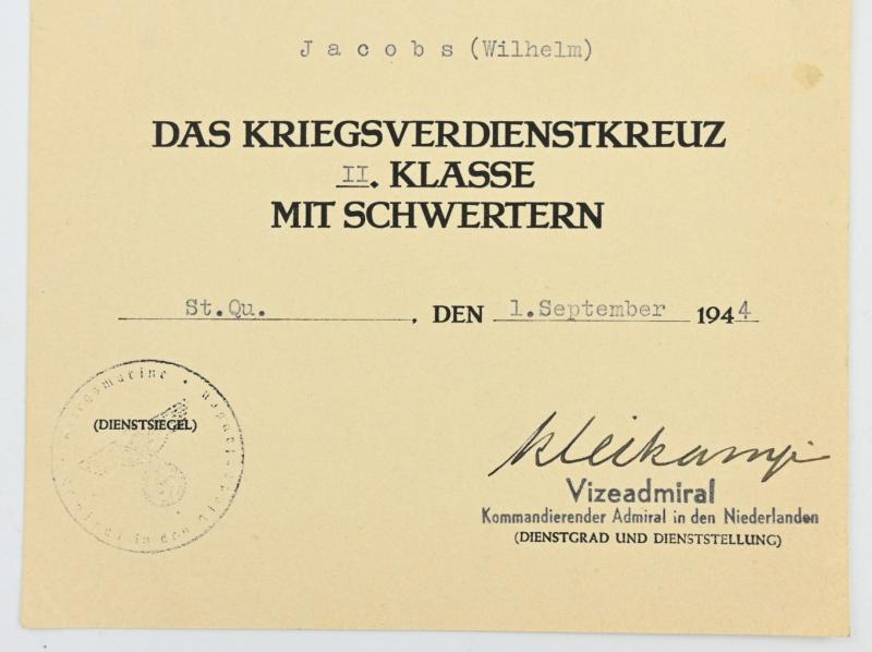 German KM Certificate War Merit Cross with Swords 'Gustav Kleikamp Signed