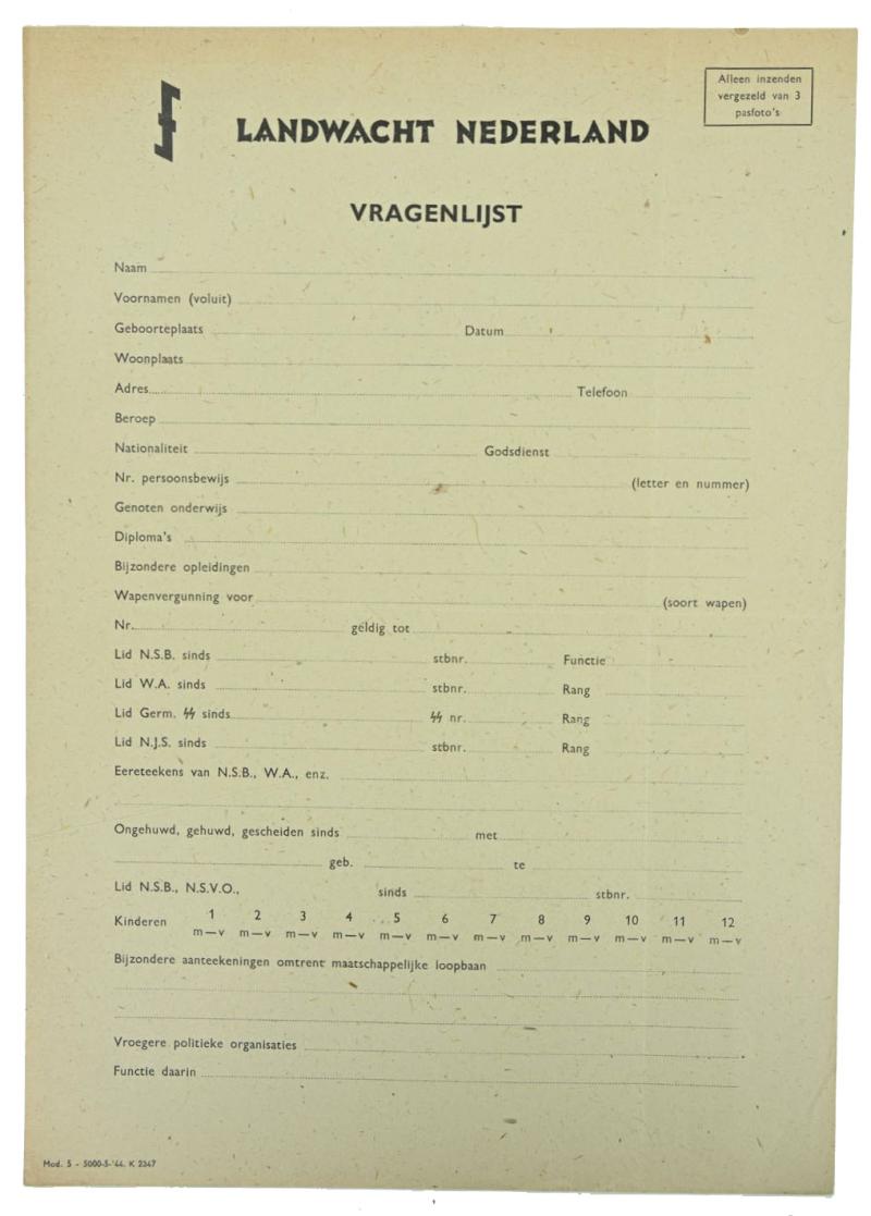 Dutch SS Landwacht Nederland Member Application Form
