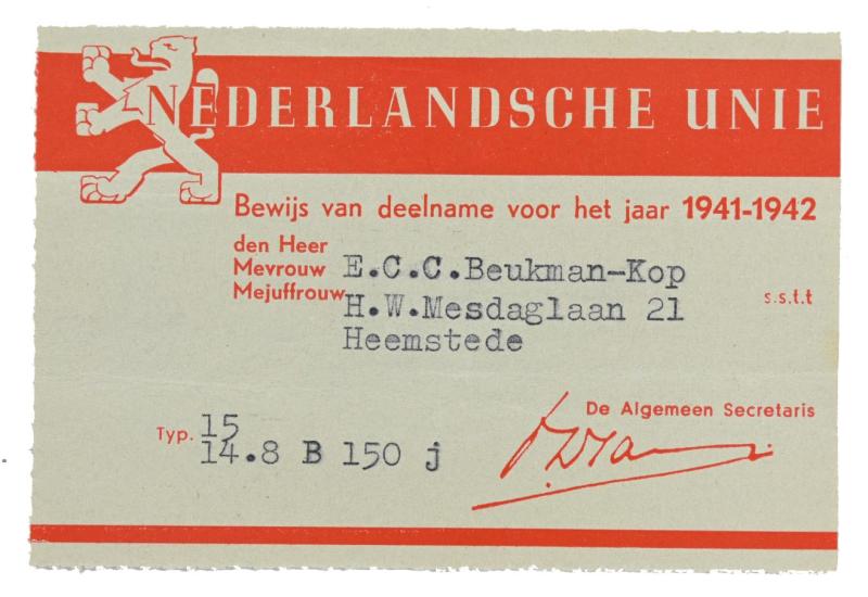 Dutch Union Memberpass 1941/42
