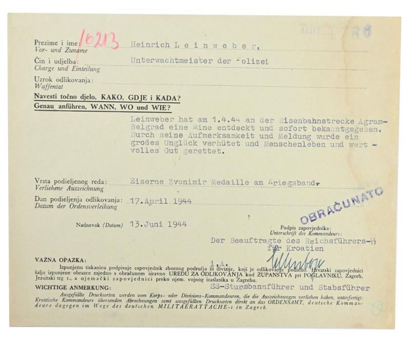 Croatian WW2 Iron Zvonimir Medal Certificate