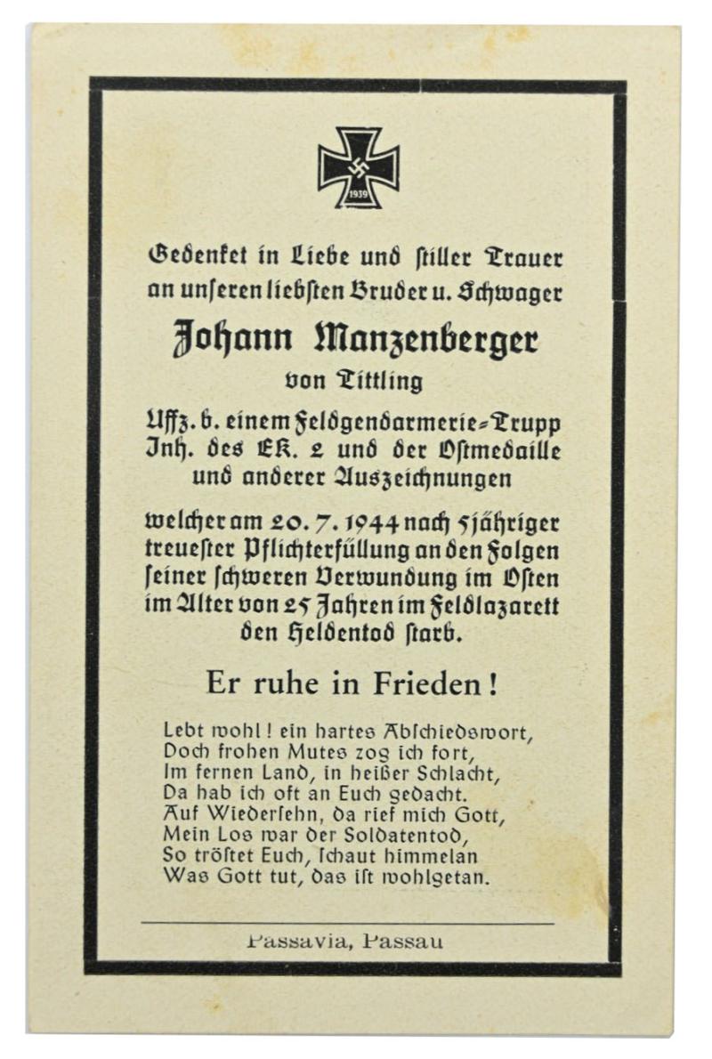 German WH Feldgendarmerie Deathcard