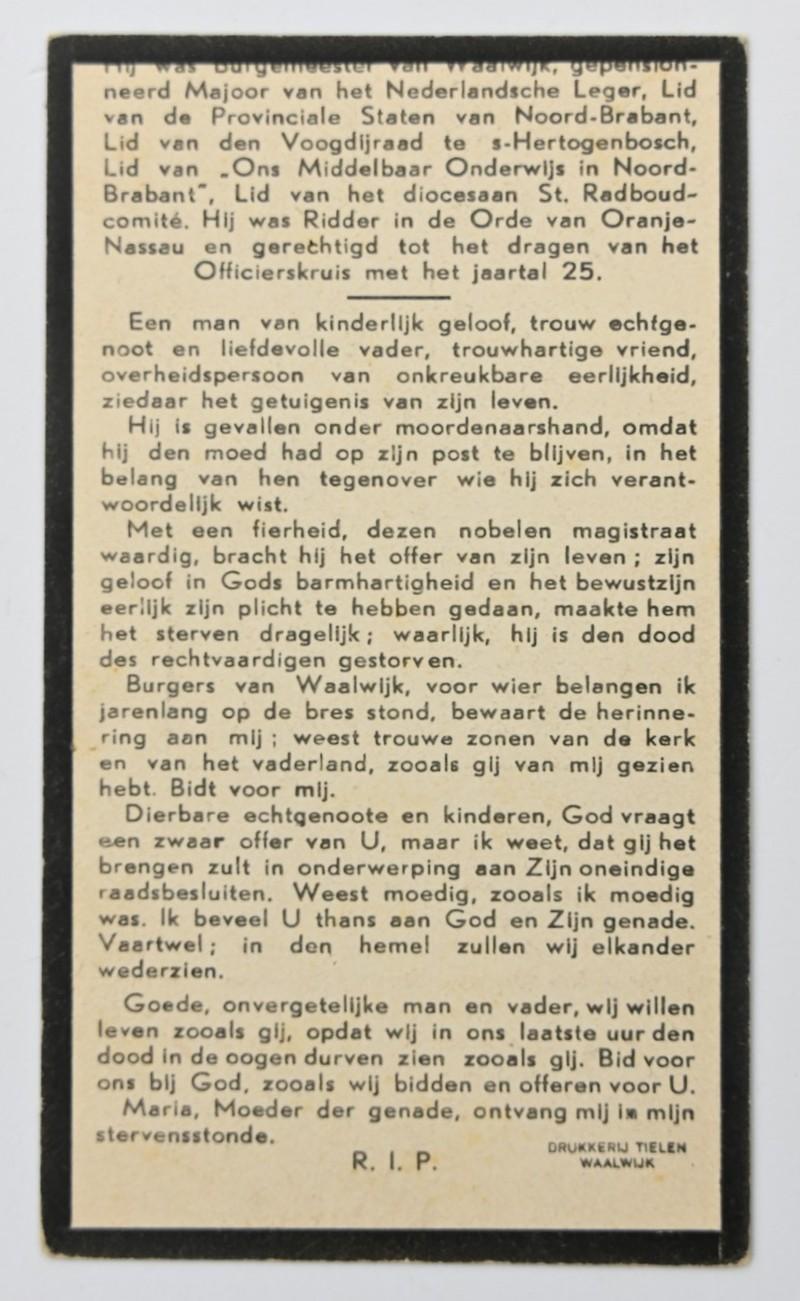 Dutch Deathcard Eduard Moonen, Mayor of Waalwijk