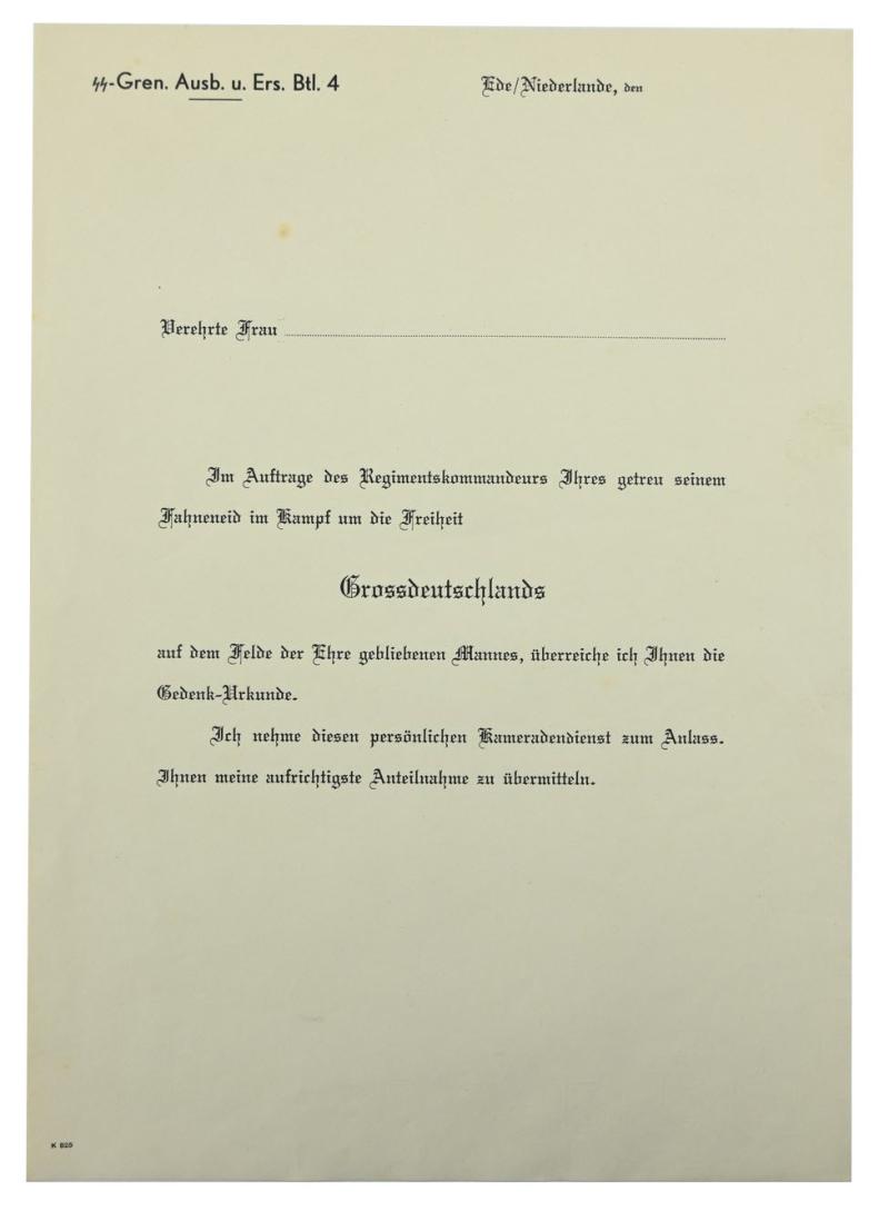 German Waffen-SS Blanco Death Notice Ede Holland