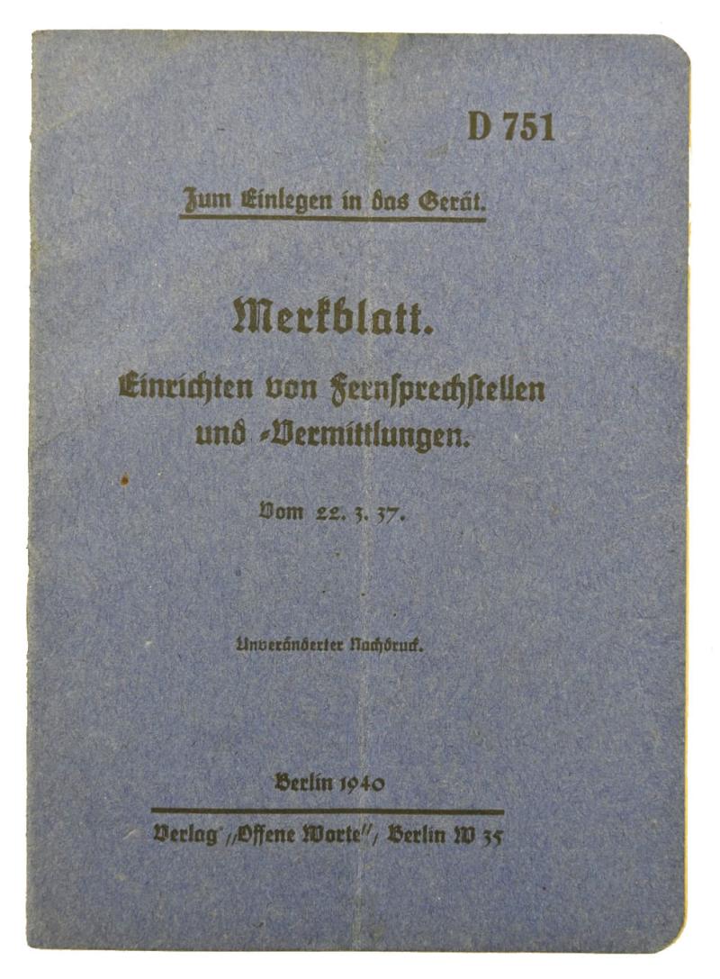 German WH Instruction Manual 'Fieldphone Station' 1937