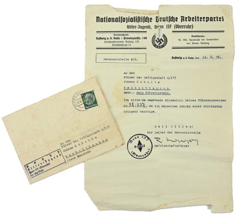German NSDAP Letter Hitler Youth Memberpass
