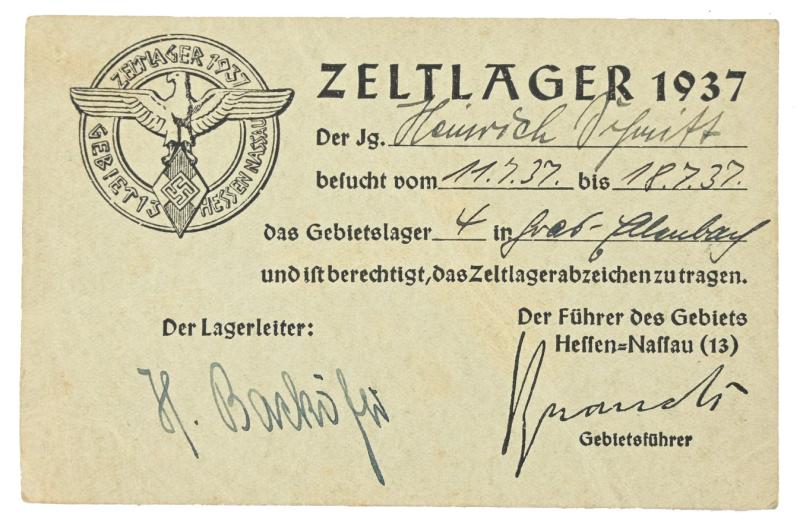 German HJ Camp Badge Certificate