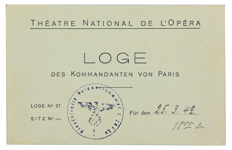 German Theather Ticket Paris 'Loge des Kommandanten von Paris'