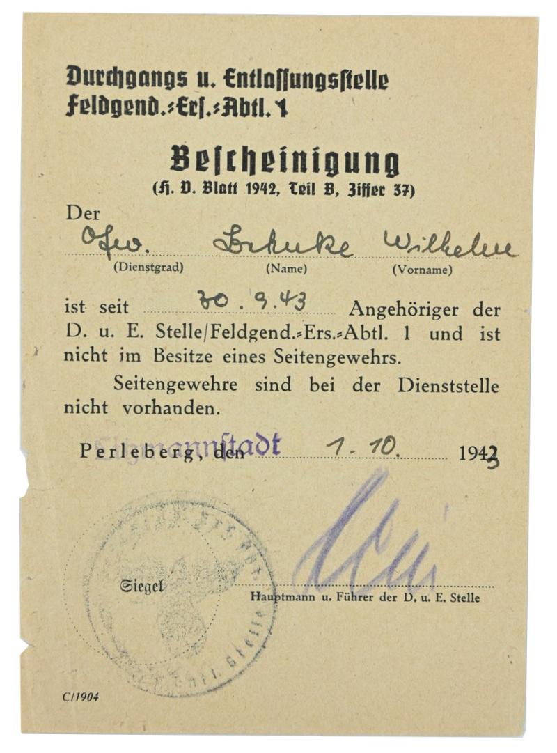 German WH Feldgendarmerie Certificate