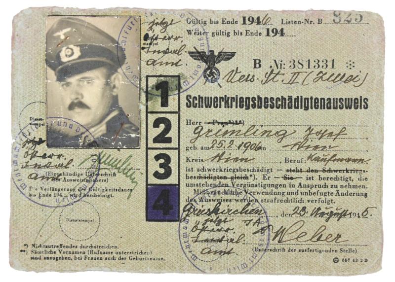 German ID Card of War Damaged Soldier