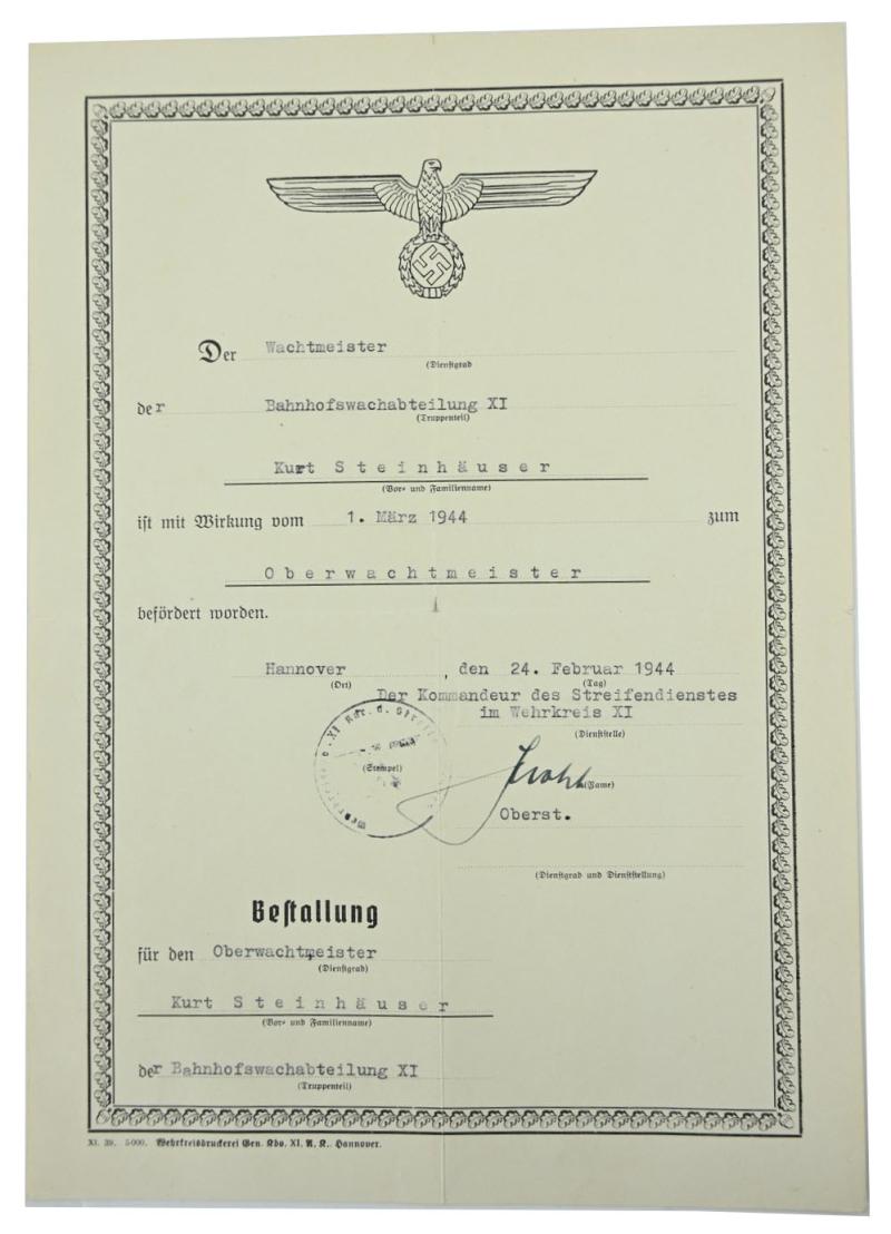 German WH Streifendienst Rank Promotion Certificate