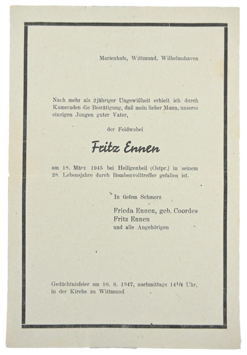 German Deathnotice 'Fritz Ennen'