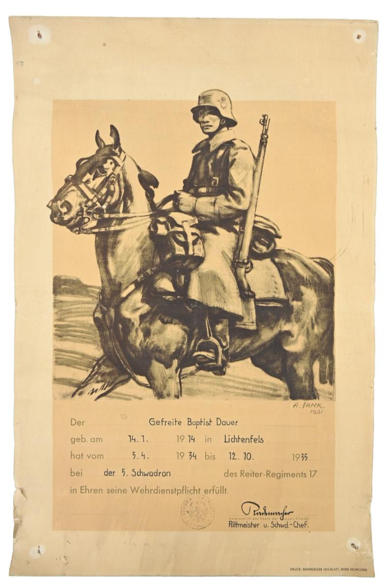German Reichswehr Cavalry Certificate 1935
