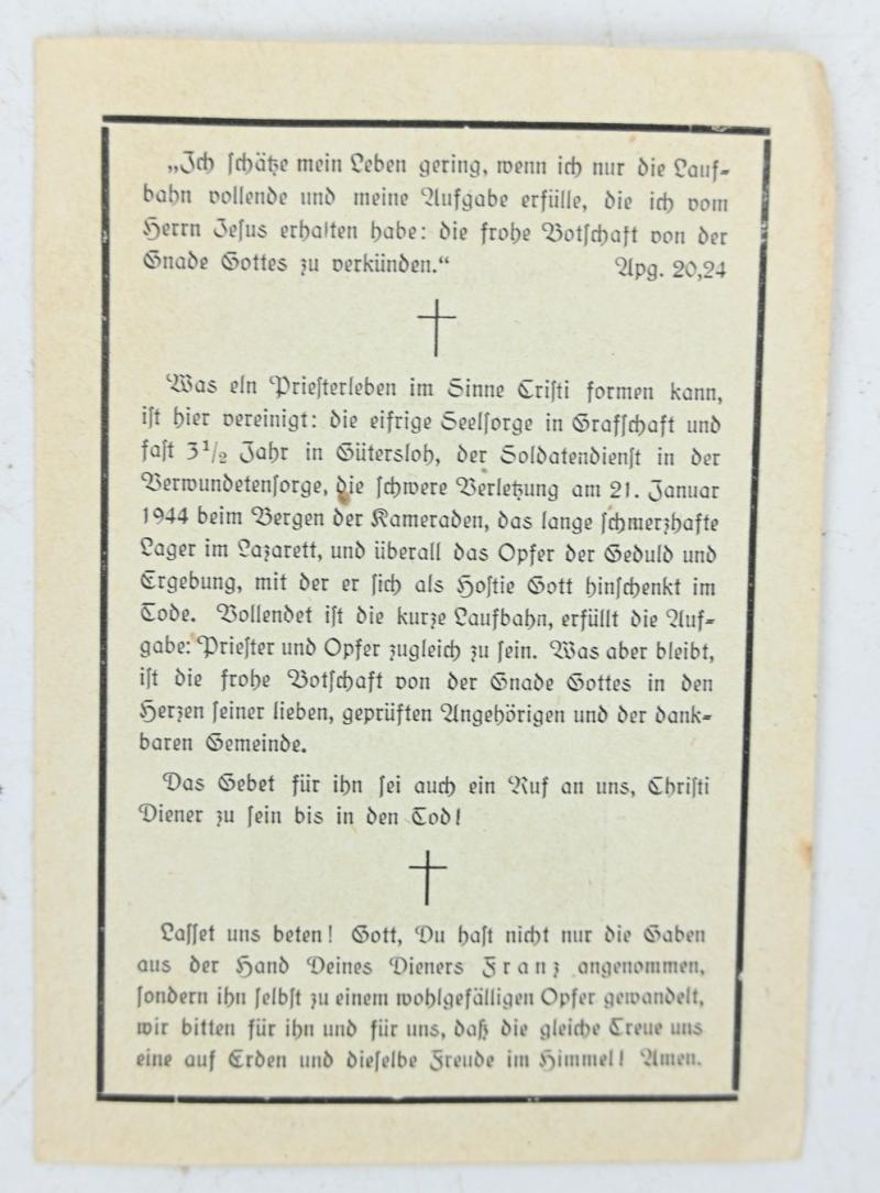 German WH Sanitäter Deathcard and Letter Priest 'Franz Lehde'