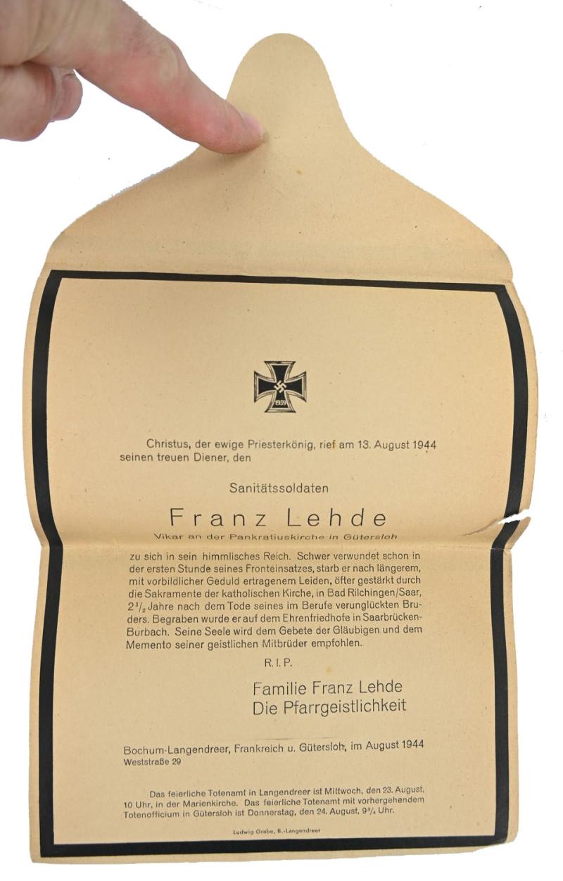 German WH Sanitäter Deathcard and Letter Priest 'Franz Lehde'
