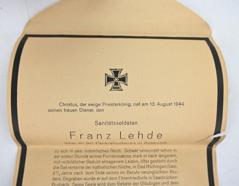 German WH Sanitäter Deathcard and Letter Priest 'Franz Lehde'